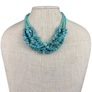 Multi-Strand Turquoise Bead Womens Necklace Adjustable Metal Chain Clasp